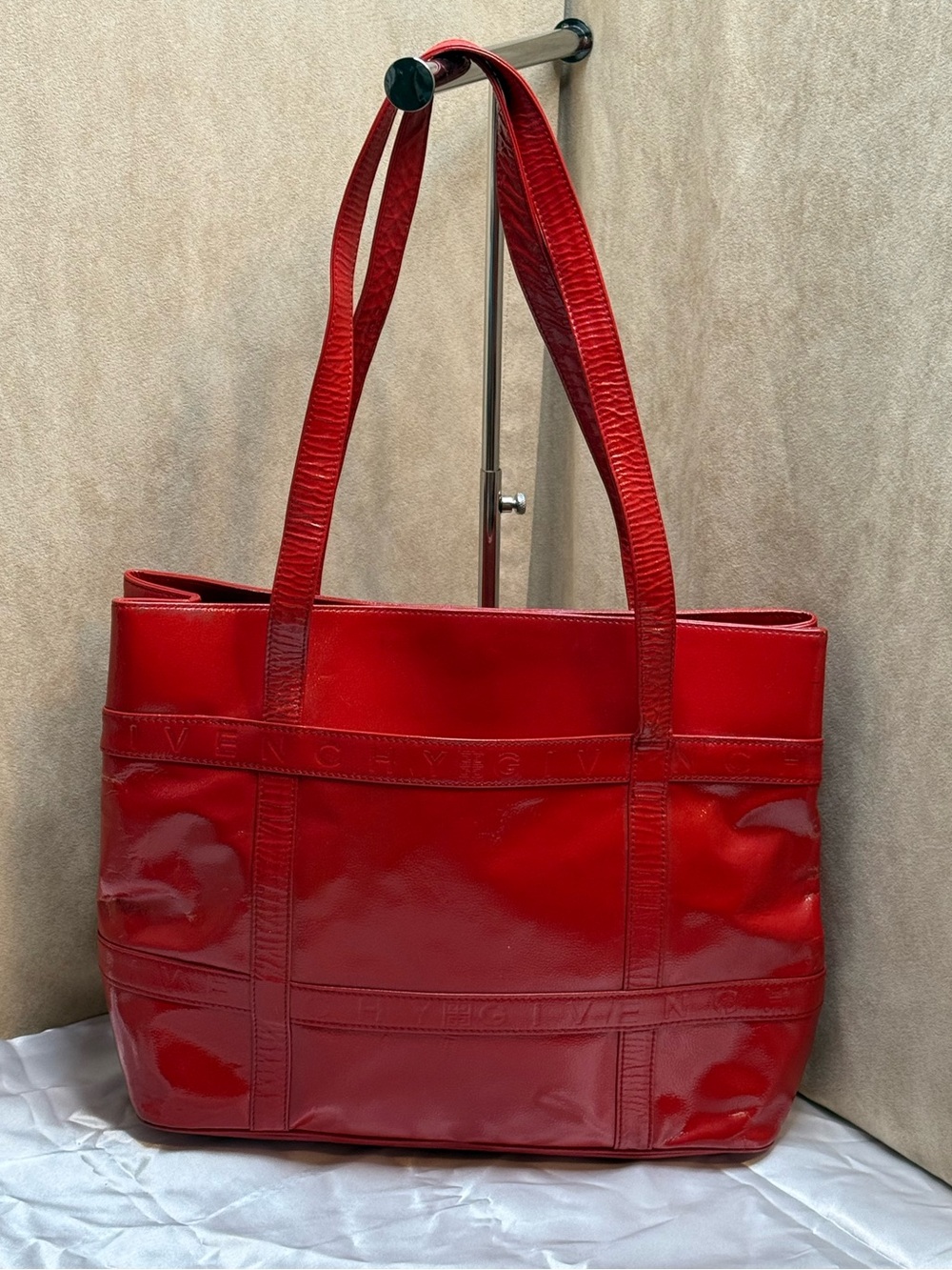 Givenchy Red Patent Leather Logo Tote Shoulder Bag Vintage Japan